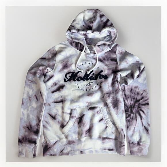 Hollister Tie Dye Hoodie Sweatshirt Women’s Medium Purple White Logo Pocket - Picture 1 of 9